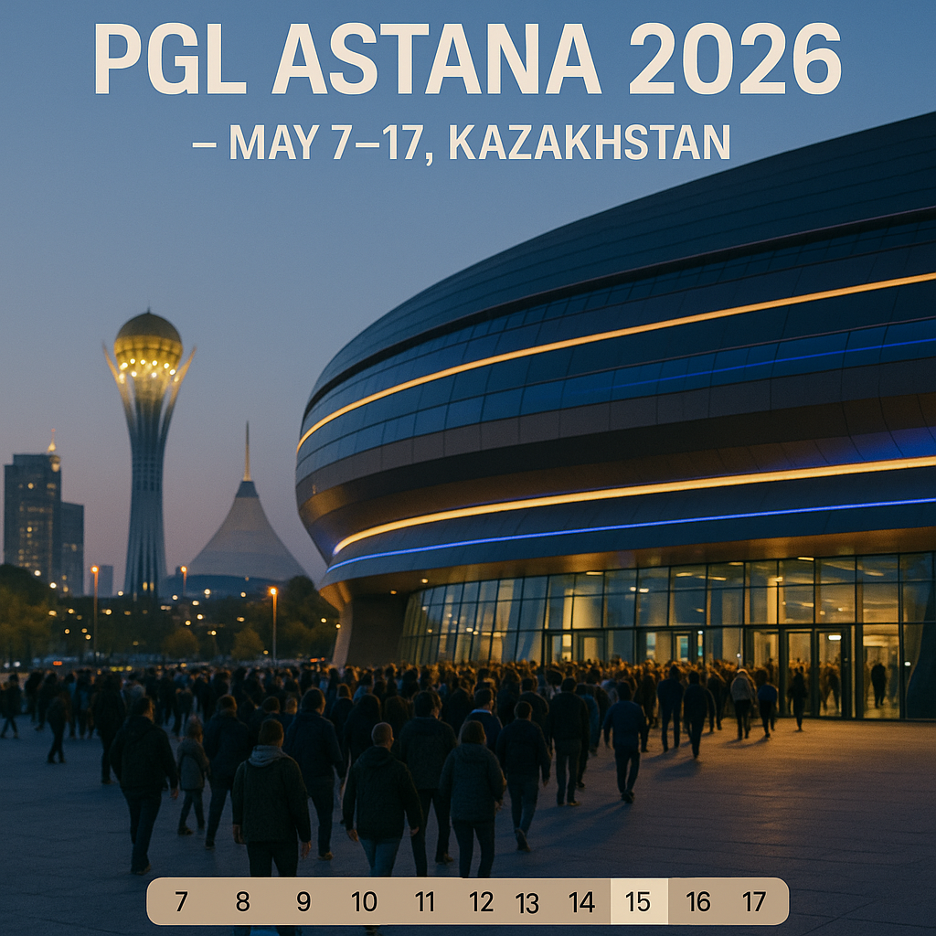 Twilight photo of an Astana arena with blue-and-gold lights, Baiterek Tower and Khan Shatyr